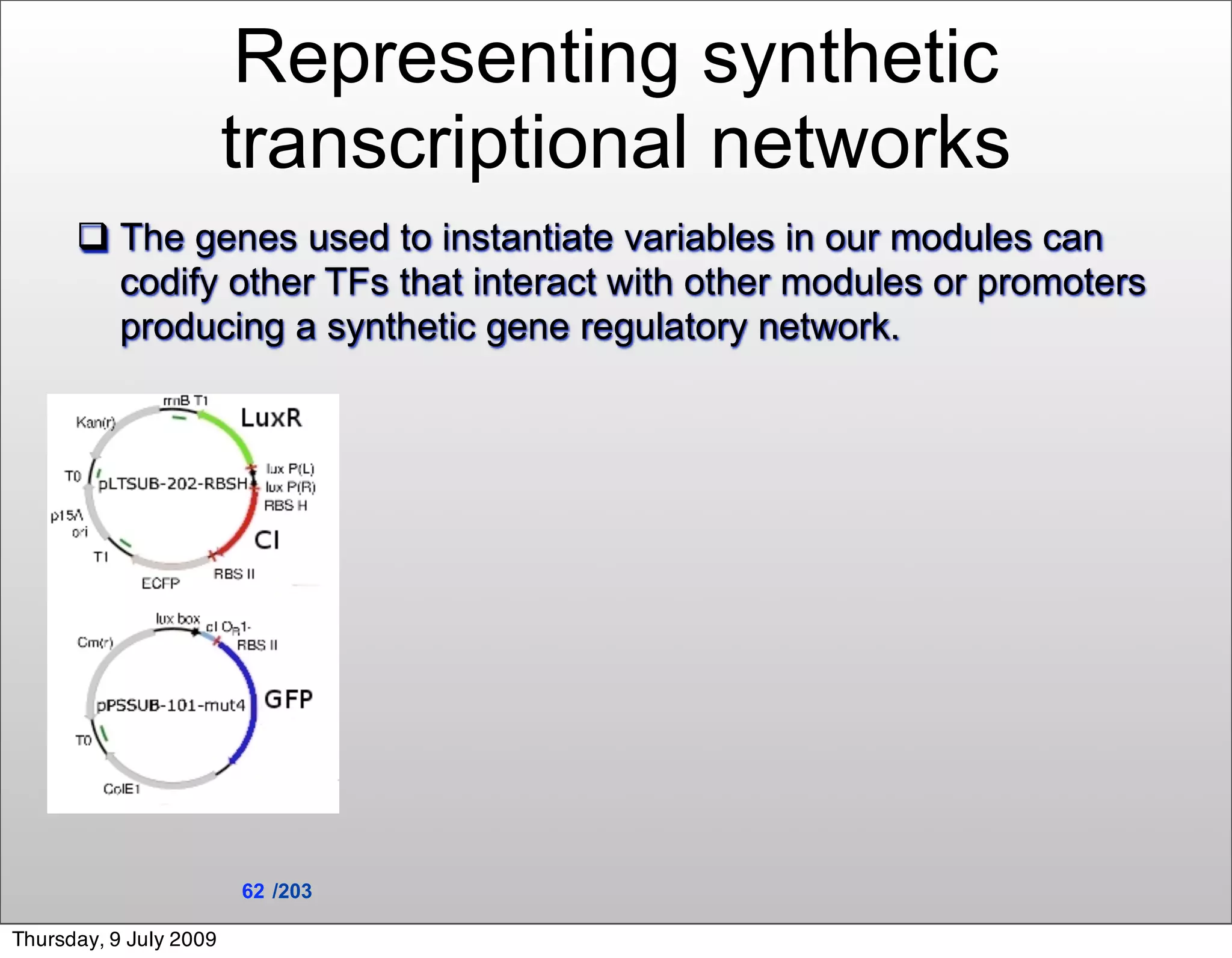 Representing synthetic
                        transcriptional networks
       The genes used to instantiate variables in our modules can
        codify other TFs that interact with other modules or promoters
        producing a synthetic gene regulatory network.




                        62 /203

Thursday, 9 July 2009
 