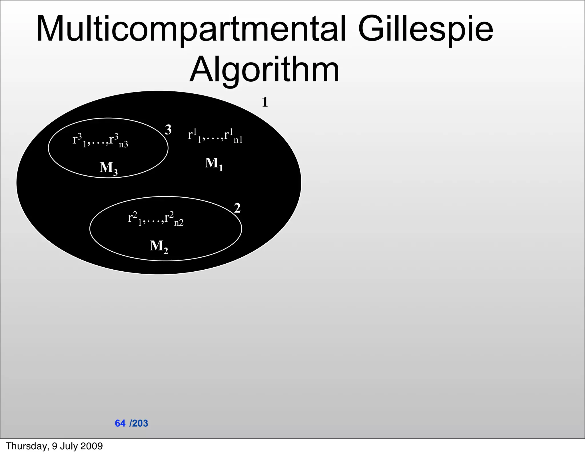 Multicompartmental Gillespie
               Algorithm
                                                    1
                                   3   r11,…,r1n1
              r31,…,r3n3
                    M3                    M1


                                               2
                          r21,…,r2n2
                                  M2




                        64 /203

Thursday, 9 July 2009
 