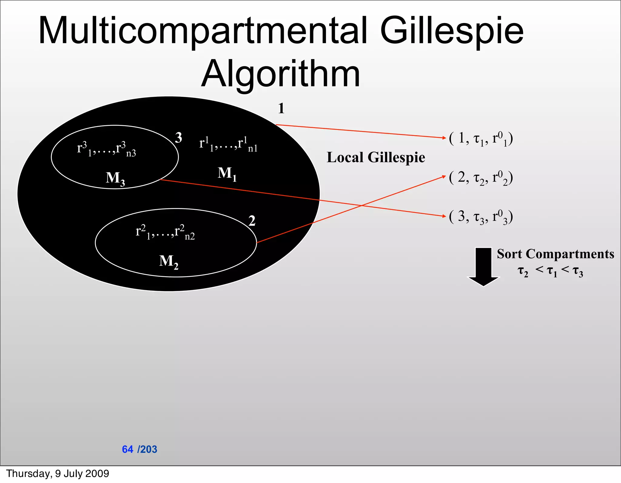 Multicompartmental Gillespie
               Algorithm
                                                    1
                                   3   r11,…,r1n1                         ( 1, τ1, r01)
              r31,…,r n3
                     3
                                                        Local Gillespie
                    M3                    M1                              ( 2, τ2, r02)

                                               2                          ( 3, τ3, r03)
                          r21,…,r2n2
                                                                                   Sort Compartments
                                  M2
                                                                                      τ2 < τ1 < τ3




                        64 /203

Thursday, 9 July 2009
 
