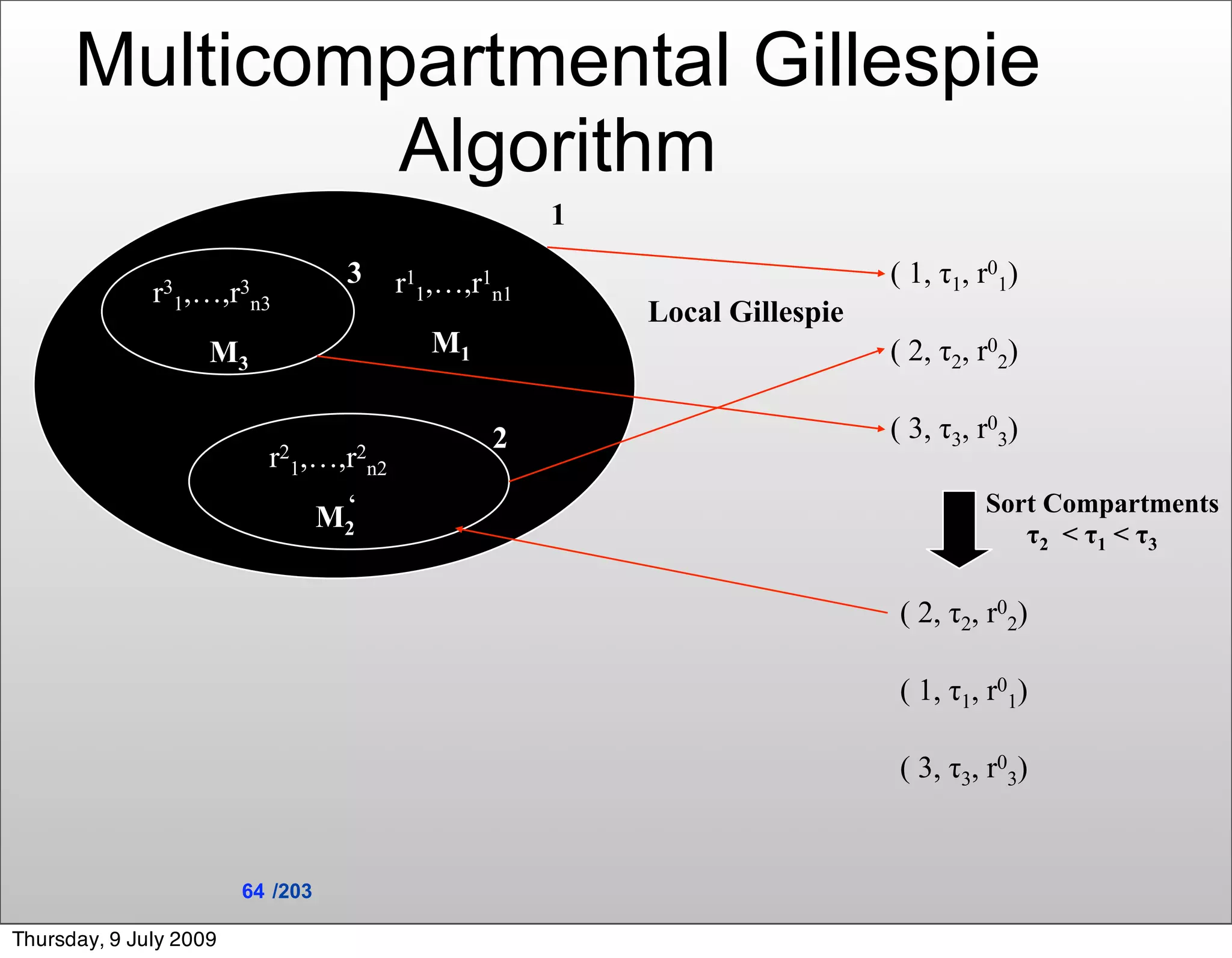 Multicompartmental Gillespie
               Algorithm
                                                    1
                                   3   r11,…,r1n1                         ( 1, τ1, r01)
              r31,…,r n3
                     3
                                                        Local Gillespie
                    M3                    M1                              ( 2, τ2, r02)

                                               2                          ( 3, τ3, r03)
                          r21,…,r2n2
                                   ‘                                               Sort Compartments
                                  M2
                                                                                      τ2 < τ1 < τ3

                                                                          ( 2, τ2, r02)

                                                                          ( 1, τ1, r01)

                                                                          ( 3, τ3, r03)


                        64 /203

Thursday, 9 July 2009
 