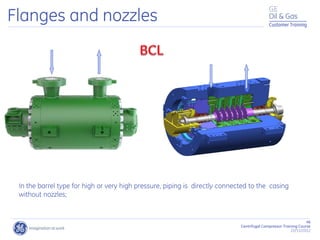 46
Centrifugal Compressor Training Course
22/11/2012
Customer Training
Flanges and nozzles
In the barrel type for high or very high pressure, piping is directly connected to the casing
without nozzles;
 