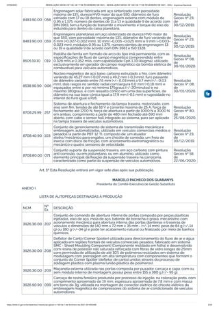 07/02/2021 RESOLUÇÃO GECEX Nº 150, DE 1º DE FEVEREIRO DE 2021 - RESOLUÇÃO GECEX Nº 150, DE 1º DE FEVEREIRO DE 2021 - DOU - Imprensa Nacional
https://www.in.gov.br/en/web/dou/-/resolucao-gecex-n-150-de-1-de-fevereiro-de-2021-301855289 2/33
8483.90.00 058
Engrenagem solar fabricada em aço sinterizado com porosidade
máxima de 13%, dureza HV0 maior do que 550, diâmetro de furo
estriado com 17 ou 18 dentes, engrenagem externa com módulo de
0,95 a 1,375, número de dentes de 11 a 13 e qualidade 9 de acordo com
DIN 3961, tem a função de transmitir o movimento e torque do eixo do
induzido para dentro da caixa planetária.
Resolução
Gecex nº 23,
de
30/12/2019.
8483.90.00 059
Engrenagens planetárias em aço sinterizado de dureza HV0 maior do
que 550, com porosidade máxima de 13%, diâmetro de furo variando de
6 mm (+0,027-0,002 mm), 10 mm (-0,005 -0,025 mm) e 9 mm (-0,003-
0,023 mm), módulos 0,95 ou 1,375, número dentes de engrenagem 13
ou 19 e qualidade 9 de acordo com DIN 3961 e ISO 1328.
Resolução
Gecex nº 23,
de
30/12/2019.
8505.19.10 019
Pastilha de ferrita em formato de arco do tipo imã permanente, com as
especiﬁcações de ﬂuxo de campo magnético compreendido entre
0,326 mVs e 0,352 mVs, com capabilidade CpK 1,33 (4sigma), utilizado
exclusivamente em gerador de campo magnético da bomba elétrica de
combustível para veículos automotivos.
Resolução
Gecex nº 08,
de
30/01/2020.
8538.90.90 006
Núcleo magnético de aço baixo carbono extrudado a frio, com diâmetro
variando de 45,27 mm (-0,07 mm) a 49,2 mm (-0,3 mm), furo passante
de diâmetro variando entre 7,6 mm (+/- 0,03 mm) a 9,7 mm (+/- 0,03
mm), dois rasgos no sentido radial com largura 6,0 mm (+0,18 mm) e
espaçados entre si por no mínimo 175graus (+/-20minutos) e no
máximo 180graus, e com ressalto cônico em uma das superfícies, de
diâmetro na sua base cônica igual a 17,9 mm (-0,1 mm) e rugosidade no
interior do furo igual a Rz6.
Resolução
Gecex nº 08,
de
30/01/2020.
8708.29.99 257
Sistema de abertura e fechamento da tampa traseira, motorizado, com
eixo sem ﬁm, tensão de até 16 V e corrente máxima de 25 A, força de
fechamento até 1700 N, força de abertura a partir de 1000 N a 3000 N
em ambas, comprimento a partir de 480 mm fechado até 690 mm
aberto, com cabo e sensor hall integrado ao sistema, para ser aplicado
na tampa traseira de veículos automotivos.
Resolução
Gecex nº 80,
de
25/08/2020.
8708.40.90 103
Conjunto de gerenciamento de sistema de transmissão mecânica e
embreagem, automatizadas, utilizado em veículos comerciais médios e
pesados (a partir de PBT 12 T), composto de: um atuador
eletro/mecânico para engates, um chicote de conexão, um freio de
inercia com disco de fricção, com acionamento eletromagnético ou
mecânico e quatro sensores de velocidade.
Resolução
Gecex nº 23,
de
30/12/2019.
8708.80.00 071
Conjunto suporte da suspensão traseira, em aço carbono com pintura
anti corrosão, ou em poliuretano, ou em alumínio, utilizado como
elemento principal da ﬁxação da suspensão traseira na carroceria,
caracterizado como parte da suspensão de veículos automotivos.
Resolução
Gecex nº 58,
de
22/06/2020.
Art. 5º Esta Resolução entrará em vigor sete dias após sua publicação.
MARCELO PACHECO DOS GUARANYS
Presidente do Comitê-Executivo de Gestão Substituto
ANEXO I
LISTA DE AUTOPEÇAS DESTINADAS À PRODUÇÃO
NCM Nº
Ex
DESCRIÇÃO
3926.30.00 207
Conjunto de comando de abertura interna de portas composto por peças plásticas
injetadas, eixo de aço, mola de aço, batente de borracha e graxa, mecanismo com
acionamento mecânico para abertura interna das portas dianteiras e traseiras de
veículos e dimensões de 140 mm x 72 mm x 35 mm - (+/-14 mm); peso de 84 g (+/-14
g) ou 180 g (+/-34 g) e pode ter acabamento natural ou ﬁnalizado por meio de banhos
químicos.
3926.30.00 208
Deﬂetor de Canto (Corner Spoiler) utilizado para direcionamento do ﬂuxo de ar e água
aplicado em regiões frontais de veículos comerciais pesados; fabricado em sistema
SMC - Sheet Moulding Component (Componente moldado em folha) e desenvolvido
com resina de poliéster não saturada reforçada com ﬁbras de vidro longas de 25mm
com permissão de utilização de até 10% de polímeros reciclados em sistema de
modulagem com prensagem em alta temperatura com componentes que formam o
conjunto do Corner Spoiler (deﬂetor de canto) unidos através do processo de
soldagem plástica com plasma (união plástica de polímeros).
3926.30.00 209
Maçaneta externa utilizada nas portas composta por puxador, carcaça e capa; com ou
sem módulo interno de montagem; possui peso entre 155 a 380 g (+/- 95 g).
3926.90.90 099
Carcaça de resina fenólica produzida por processo de injeção, na coloração preta, com
comprimento aproximado de 19 mm, espessura aproximada de 7,8 mm e com massa
em torno de 3g; utilizada na montagem do conector elétrico do chicote elétrico da
embreagem magnética de compressores do sistema de ar-condicionado de veículos
automotores.
 