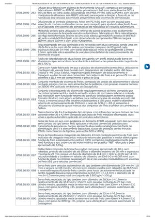 07/02/2021 RESOLUÇÃO GECEX Nº 150, DE 1º DE FEVEREIRO DE 2021 - RESOLUÇÃO GECEX Nº 150, DE 1º DE FEVEREIRO DE 2021 - DOU - Imprensa Nacional
https://www.in.gov.br/en/web/dou/-/resolucao-gecex-n-150-de-1-de-fevereiro-de-2021-301855289 20/33
8708.29.99 263
Difusor de ar lateral sem sistema de fechamento (shut off), composto por carcaça
fabricada em ABSPC ou PPM36, aletas primárias em PA6 com variação entre 30% a
60% de ﬁbra de vidro; aletas secundárias em PA66, PPT40, ABS ou POM e, com ou sem
manípulos de difusores, em ABSPC utilizado para regular a direção e ﬂuxo do ar no
habitáculo dos veículos automóveis provenientes dos sistemas de climatização.
8708.29.99 264
Difusores de ar centrais ou laterais, feitos em PC/ABS, com ou sem espaço para
inserção de módulo multimídia com ou sem manípulo para ajuste da direção do ﬂuxo
de ar aplicado em sistemas de climatização do habitáculo de veículos automotivos.
8708.29.99 265
Medalhão próprio para utilização no reforço do painel de portas e no acabamento
estético do apoio de braço de veículos automotivos, fabricado em ﬁbra natural (placa
de nfpp) termoformado através de uma cola adesiva p rm10007/adesivo (k-169-ht2-
sk) junto a vinil dx9 (ltu)/(ps4), com dimensões de comprimento 780mm, largura
110mm, altura 215mm e com peso 406 gramas.
8708.29.99 266
Peça estampada em aço laminado a frio revestida com duas camadas, sendo uma em
(Al-Si-Fe) e outra com (Al-Si), ambas as camadas com peso de 60 g/m2 cada,
espessura total de 0.4 mm, com borda dobrada por meio de grafagem de 2.5mm a
5.0mm, aplicada sob o assoalho de veículo como deﬂetor de calor proveniente do
sistema de escape.
8708.29.99 267
Racks de teto dotados de duas bases de suporte, um perﬁl, estrutura de barra em
alumínio e capas em acrilato de acrilonitrila e estireno, com peso de cada conjunto de
até 1,700 g.
8708.30.90 081
Came com haste fabricado em aço e plástico de alta resistência mecânica, utilizado na
montagem de válvula freio de mão com temperatura de trabalho entre +80 Graus
Celsius e -40 Graus Celsius, responsável pela frenagem de estacionamento e
frenagem auxiliar de veículos comerciais com sistema de freio a ar; possui 29 mm de
diâmetro e 111,5 mm de comprimento e peso de 18 g.
8708.30.90 082
Conjunto montado do sistema de freios, composto de pedais de acionamento e válvula
de duplo estágio, com ou sem alimentação de potência, com pressão máxima do freio
de 21000 kPa, aplicado em tratores de uso agrícola.
8708.30.90 083
Conjunto trava esquerdo do sistema de regulagem manual do freio, composto por
corpo (encapsulamento) e anel de encosto, ambos de aço baixo carbono e mola de
aço inoxidável com função de retorno do parafuso de regulagem, o mesmo possui
formato cilíndrico com alguns entalhes para melhor encaixe do anel de encosto das
molas, o mesmo possui três entalhes equidistantes a 120 graus, máximo diâmetro
externo do encapsulamento de 29,8 mm e peso de 22,0 g (+-3,0 g); o mesmo é
utilizado no sistema de ajuste manual dos conjuntos de freio a tambor de caminhões e
ônibus.
8708.30.90 084
Freio a tambor de 8 a 9 polegadas tipo simplex, com 4 ﬁxações, largura da lona de freio
variando entre 39 e 42 mm composto por prato de freio metálico estampado, duas
lonas e ajuste automático aplicado em veículos automotores.
8708.30.90 085
Pedal de freio em aço, com pedaleira em borracha EPDM, equipado com dois sensores
sem contato do tipo sensor Hall, aplicado a veículos comerciais pesados para
transporte de pessoas ou cargas, apresenta duas saídas analógicas com fonte de
alimentação de 5 V e aterramento separados, classe de proteção contra intrusão
IP6K6, com conector de 6 polos, peso entre 500 a 1800g.
8708.30.90 086
Pinça de freio traseira com pistão de diâmetro 43 mm contendo pastilhas de freio com
indicador de desgaste mecânico, molas de retorno das pastilhas e motor elétrico para
função de freio estacionamento elétrico (EPB); composto predominantemente por
ferro fundido e aço, cobertura do motor elétrico em plástico "PBT" reforçado e peso
aproximado de 6,0 kg.
8708.30.90 087
Pistão Relê composto de borracha e nylon com peso aproximado de 40 g, sem
rebarbas, pressão de trabalho de até 10 bar e diâmetro máximo de 90 mm e espessura
máxima de 22 mm, possui um furo de diâmetro de 14,1 mm (+ 0,07 e -0,05) por 14 mm
de profundidade e contém um rebaixo de diâmetro de 83h9 (+0 e -0,087 mm), com
função de atuar no controle da passagem de ar nas válvulas moduladoras em sistemas
de freio ABS para veículos comerciais.
8708.30.90 088
Servo freio para veículos automotivos do tipo tandem com diâmetro de 254 mm (+/-1,0
mm) e largura de 166 mm (+/-1,5 mm) com cilindro mestre com diâmetro de 28,57 mm
e reservatório para ﬂuído de freio, contém uma haste de acionamento localizada no
centro na parte traseira com comprimento de 157 mm (+/-1,5 mm) e diâmetro de 11
mm (+/-1,0 mm) e peso total do conjunto de 3.900 g (+/- 100 g).
8708.30.90 089
Servo freio, montado, do tipo tandem, com diâmetro de 20,3cm (+/-1,5mm) e
deslocamento de até 32,3mm (+/-1,5mm), com pressão do ﬂuído de 70 bar, com
cilindro mestre, ajustador, mola de retorno e lona de freio com 30mm x 4,5mm x 110
graus, com peso de 2170 g ± 3%, próprio para utilização em veículos automóveis de
passageiros.
8708.30.90 090
Servo freio, montado, do tipo tandem, com diâmetro de 22cm (+/-1,5mm) e
deslocamento de até 29,6mm (+/-1,5mm), com pressão do ﬂuído de 70 bar, com
cilindro mestre, ajustador, mola de retorno e lona de freio com 42mm X 4,5mm x 110
graus, com peso de 3090 g ± 3%, próprio para utilização em veículos automóveis de
passageiros.
 