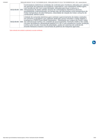 07/02/2021 RESOLUÇÃO GECEX Nº 150, DE 1º DE FEVEREIRO DE 2021 - RESOLUÇÃO GECEX Nº 150, DE 1º DE FEVEREIRO DE 2021 - DOU - Imprensa Nacional
https://www.in.gov.br/en/web/dou/-/resolucao-gecex-n-150-de-1-de-fevereiro-de-2021-301855289 33/33
9032.89.89 065
Controladores eletrônicos (unidades de controle) para monitores utilizados em cabines
de operação de máquinas escavadeiras, automáticos, com tratamento antiferrugem,
com tensão de 24V, com corpo blindado, utilizados para fazer a leitura e a
interpretação de dados obtidos através de controladores eletrônicos diversos,
possibilitando a demonstração, em tempo real, de informações como temperatura do
motor, temperatura do óleo hidráulico, velocidade de rotação do motor, consumo de
combustível, dentre outros.
9032.89.89 066
Unidade de comando eletrônica para controle e gerenciamento de dados coletados
em sensores e atuadores com software dedicado, possui entradas e saídas digitais e
analógicas e PWM (Pulse Width Modulation - Modulação por Largura de Pulso), redes
de comunicação Canbus 2.0, unidade de processamento, memoria volátil e não volátil,
circuitos de potência, alimentação padrão 8 V a 32 V com resistência a surtos, proteção
contra curto circuito, inversão de polaridade, usado em sistemas de controle do
levante hidráulico traseiro e da tomada de potência de máquinas agrícolas.
Este conteúdo não substitui o publicado na versão certiﬁcada.
 