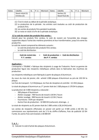 Comptabilité Analytique d’Exploitation Page 18
Dates Libellés Q. P. U. Montant Dates Libellés Q. P. U. Montant
Stock initial (1)
Entrées (2)
Sorties (3)
Stock final (4)
(1) C’est le stock au début de la période analytique.
(2) La production de la période : les entrées sont évaluées au coût de production de
produits finis.
(3) Les ventes de produits finis pendant la période,
(4) Le reste en stock à la fin de la période analytique.
5/ Le coût de revient des produits finis vendus :
Calculé pour les produits finis vendus, le coût de revient est l’ensemble des charges
supportées depuis l’achat des matières premières et leur transformation, jusqu’à la vente du
produit fini.
Le coût de revient comprend les éléments suivants :
- Le coût de production des produits finis vendus
- Le coût de distribution
Coût de revient des = Coût de production + Coût de distribution
P. F. vendus des P. F. vendus
Application :
L’entreprise « TOUBAC » fabrique des récipients à usage de l’industrie. Parmi sa gamme de
production figure des récipients métalliques utilisés dans la fabrication des machines de
production.
Les récipients métalliques sont fabriqués à partir de plaques d’aluminium.
Au cours du mois de janvier, elle acheté 1 000 plaques d’aluminium au prix de 150 DH la
plaque.
Les frais de transport : 5,5 DH/plaque, les frais de réception et contrôle : 3,5 DH/ plaque.
Le stock de plaques d’aluminium au 1er janvier était de 1 500 plaques à 170 DH la plaque.
La production de 5 000 récipients a nécessité :
- 200 plaques d’aluminium
- Atelier coupage : 700 heures de travail à 18 DH / heure
- Atelier soudage : 900 heures de travail à 12 DH / heure
- Fournitures : 8 DH par récipient
- Autres frais de production : 32 000 DH (carburant, éclairage….).
Le stock de récipients au 01 janvier était de 1 000 unités à 28,14 DH/unité.
Les ventes de récipients effectuées en janvier ont porté sur 4 500 unités à 60 DH, les
commissions aux représentants sont de 5 % du chiffre d’affaires, frais de publicité 10 DH
l’unité, les autres frais sont évalués à 18 000 DH
T. A. F. :
1) Calculer le coût d’achat des plaques d’aluminium.
 