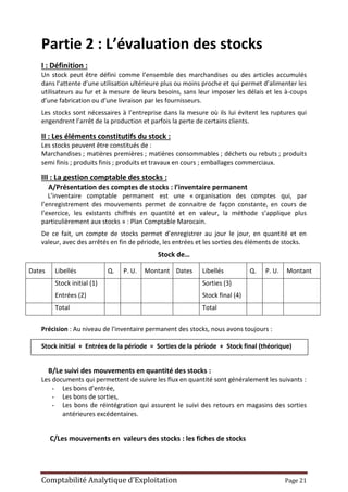 Comptabilité Analytique d’Exploitation Page 21
Partie 2 : L’évaluation des stocks
I : Définition :
Un stock peut être défini comme l’ensemble des marchandises ou des articles accumulés
dans l’attente d’une utilisation ultérieure plus ou moins proche et qui permet d’alimenter les
utilisateurs au fur et à mesure de leurs besoins, sans leur imposer les délais et les à-coups
d’une fabrication ou d’une livraison par les fournisseurs.
Les stocks sont nécessaires à l’entreprise dans la mesure où ils lui évitent les ruptures qui
engendrent l’arrêt de la production et parfois la perte de certains clients.
II : Les éléments constitutifs du stock :
Les stocks peuvent être constitués de :
Marchandises ; matières premières ; matières consommables ; déchets ou rebuts ; produits
semi finis ; produits finis ; produits et travaux en cours ; emballages commerciaux.
III : La gestion comptable des stocks :
A/Présentation des comptes de stocks : l’inventaire permanent
L’inventaire comptable permanent est une « organisation des comptes qui, par
l’enregistrement des mouvements permet de connaitre de façon constante, en cours de
l’exercice, les existants chiffrés en quantité et en valeur, la méthode s’applique plus
particulièrement aux stocks » : Plan Comptable Marocain.
De ce fait, un compte de stocks permet d’enregistrer au jour le jour, en quantité et en
valeur, avec des arrêtés en fin de période, les entrées et les sorties des éléments de stocks.
Stock de…
Dates Libellés Q. P. U. Montant Dates Libellés Q. P. U. Montant
Stock initial (1)
Entrées (2)
Sorties (3)
Stock final (4)
Total Total
Précision : Au niveau de l'inventaire permanent des stocks, nous avons toujours :
Stock initial + Entrées de la période = Sorties de la période + Stock final (théorique)
B/Le suivi des mouvements en quantité des stocks :
Les documents qui permettent de suivre les flux en quantité sont généralement les suivants :
- Les bons d’entrée,
- Les bons de sorties,
- Les bons de réintégration qui assurent le suivi des retours en magasins des sorties
antérieures excédentaires.
C/Les mouvements en valeurs des stocks : les fiches de stocks
 