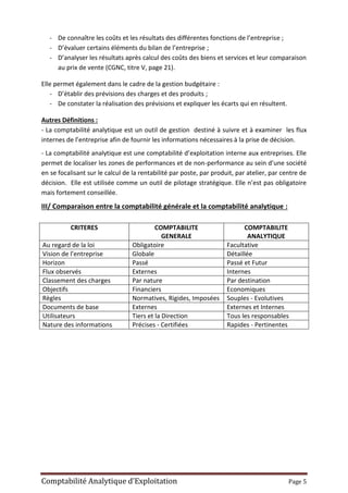 Comptabilité Analytique d’Exploitation Page 5
- De connaître les coûts et les résultats des différentes fonctions de l’entreprise ;
- D’évaluer certains éléments du bilan de l’entreprise ;
- D’analyser les résultats après calcul des coûts des biens et services et leur comparaison
au prix de vente (CGNC, titre V, page 21).
Elle permet également dans le cadre de la gestion budgétaire :
- D’établir des prévisions des charges et des produits ;
- De constater la réalisation des prévisions et expliquer les écarts qui en résultent.
Autres Définitions :
- La comptabilité analytique est un outil de gestion destiné à suivre et à examiner les flux
internes de l’entreprise afin de fournir les informations nécessaires à la prise de décision.
- La comptabilité analytique est une comptabilité d’exploitation interne aux entreprises. Elle
permet de localiser les zones de performances et de non-performance au sein d’une société
en se focalisant sur le calcul de la rentabilité par poste, par produit, par atelier, par centre de
décision. Elle est utilisée comme un outil de pilotage stratégique. Elle n’est pas obligatoire
mais fortement conseillée.
III/ Comparaison entre la comptabilité générale et la comptabilité analytique :
CRITERES COMPTABILITE
GENERALE
COMPTABILITE
ANALYTIQUE
Au regard de la loi Obligatoire Facultative
Vision de l’entreprise Globale Détaillée
Horizon Passé Passé et Futur
Flux observés Externes Internes
Classement des charges Par nature Par destination
Objectifs Financiers Economiques
Règles Normatives, Rigides, Imposées Souples - Evolutives
Documents de base Externes Externes et Internes
Utilisateurs Tiers et la Direction Tous les responsables
Nature des informations Précises - Certifiées Rapides - Pertinentes
 