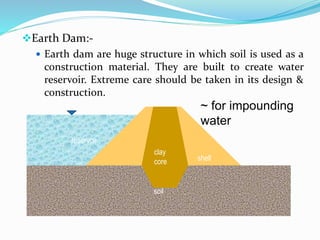 Earth Dam:-
 Earth dam are huge structure in which soil is used as a
construction material. They are built to create water
reservoir. Extreme care should be taken in its design &
construction.
soil
reservoir
clay
core shell
~ for impounding
water
 