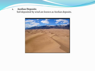 1. Aeolian Deposits
Soil deposited by wind are known as Aeolian deposits.
 