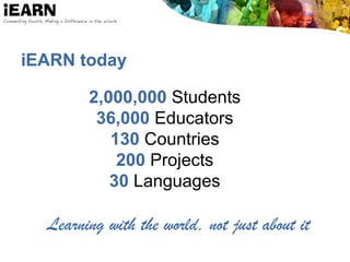 iEARN today
2,000,000 Students
36,000 Educators
130 Countries
200 Projects
30 Languages
Learning with the world, not just about it
 