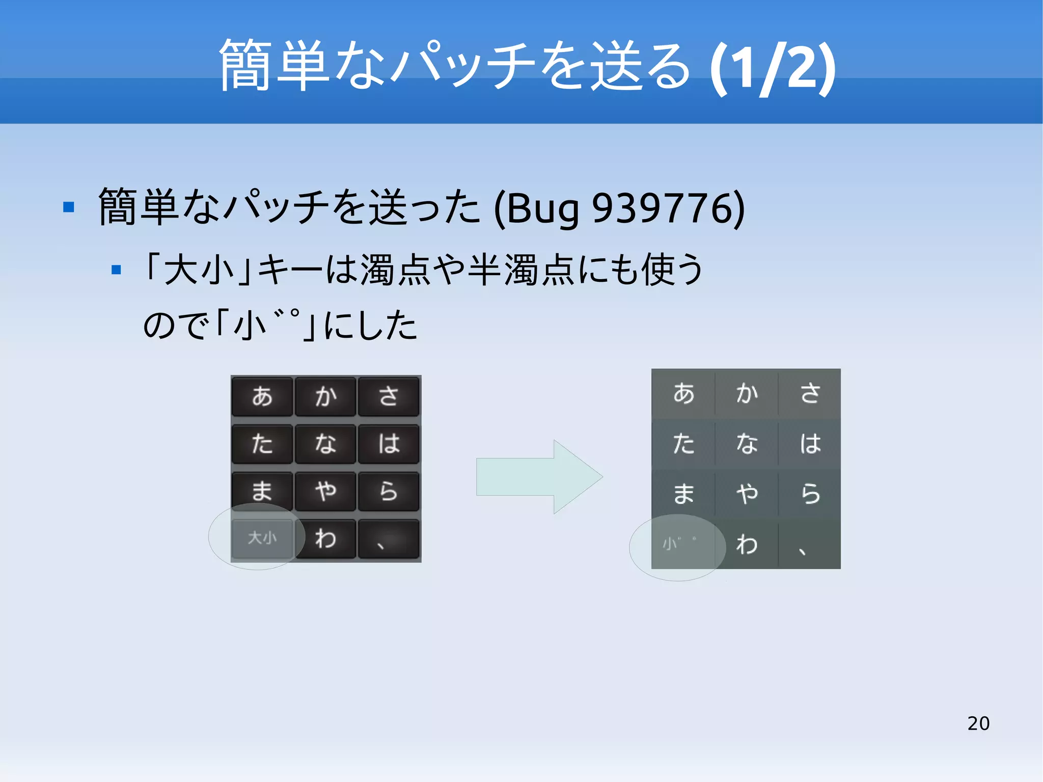 簡単なパッチを送る (1/2)


簡単なパッチを送った (Bug 939776)


「大小」キーは濁点や半濁点にも使う
ので「小 ゛ ゜」にした

20

 