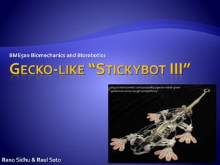 BME500 Biomechanics and Biorobotics
Rano Sidhu & Raul Soto
http://roboticsnedir.com/2010/08/27/gecko-robot-gives-
spiderman-some-tough-competition/
 