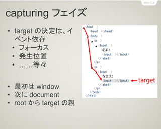 capturing フェイズ 
•最初は window 
•次に document 
•root から target の親 
•target の決定は、イ ベント依存 
•フォーカス 
•発生位置 
•……等々  