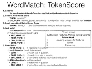 WordMatch: TokenScore
1. Generate
1. VerbsInQuestion,OthersInQuestion,rootVerb,subjInQuestion,dObjInQuestion
2. General Wo...