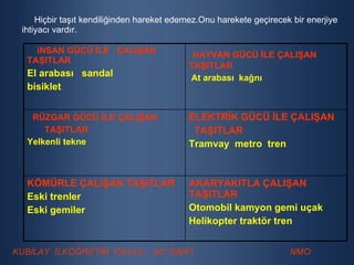 Hiçbir taşıt kendiliğinden hareket edemez.Onu harekete geçirecek bir enerjiye  ihtiyacı vardır. AKARYAKITLA ÇALIŞAN TAŞITLAR Otomobil kamyon gemi uçak Helikopter traktör tren KÖMÜRLE ÇALIŞAN TAŞITLAR Eski trenler Eski gemiler ELEKTRİK GÜCÜ İLE ÇALIŞAN TAŞITLAR Tramvay  metro  tren RÜZGAR GÜCÜ İLE ÇALIŞAN TAŞITLAR Yelkenli tekne HAYVAN GÜCÜ İLE ÇALIŞAN  TAŞITLAR At arabası  kağnı  iNSAN GÜCÜ İLE  ÇALIŞAN  TAŞITLAR El arabası  sandal  bisiklet 