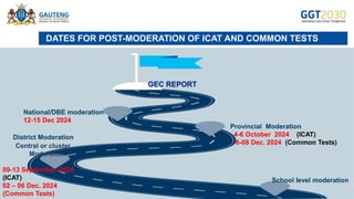 21
School level moderation
District Moderation
Provincial Moderation
4-6 October 2024 (ICAT)
6-08 Dec. 2024 (Common Tests)
National/DBE moderation
12-15 Dec 2024
DATES FOR POST-MODERATION OF ICAT AND COMMON TESTS
Central or cluster
Moderation
09-13 September. 2024
(ICAT)
02 – 06 Dec. 2024
(Common Tests)
 