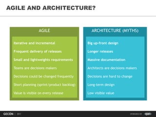 26
AGILE AND ARCHITECTURE?
AGILE
Iterative and incremental
Frequent delivery of releases
Small and lightweights requirements
Teams are decisions makers
Decisions could be changed frequently
Short planning (sprint/product backlog)
Value is visible on every release
ARCHITECTURE (MYTHS)
Big up-front design
Longer releases
Massive documentation
Architects are decisions makers
Decisions are hard to change
Long-term design
Low visible value
 