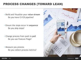 37
• Build and Visualize your value stream
Do you have CI/CD pipeline?
• Ensure the steps occur in sequence
Do you skip steps?
• Change process from push to pull
Do you use Feature Flags?
• Measure you process
Do you collect process metrics?
PROCESS CHANGES (TOWARD LEAN)
 