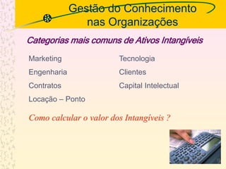 Gestão do Conhecimento
nas Organizações
Marketing Tecnologia
Engenharia Clientes
Contratos Capital Intelectual
Locação – Ponto
Categorias mais comuns de Ativos Intangíveis
Como calcular o valor dos Intangíveis ?
13
 