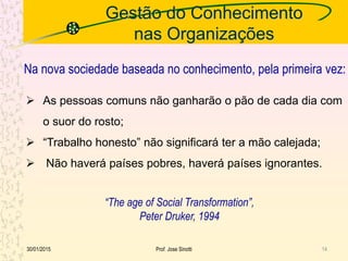 Gestão do Conhecimento
nas Organizações
30/01/2015 Prof. Jose Sinotti 14
Na nova sociedade baseada no conhecimento, pela primeira vez:
 As pessoas comuns não ganharão o pão de cada dia com
o suor do rosto;
 “Trabalho honesto” não significará ter a mão calejada;
 Não haverá países pobres, haverá países ignorantes.
“The age of Social Transformation”,
Peter Druker, 1994
 