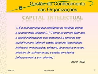 Gestão do Conhecimento
nas Organizações
2230/01/2015 Prof. Jose Sinotti
"...É o conhecimento que transforma as matérias-primas
e as torna mais valiosas"[...] "Tornou-se comum dizer que
o capital intelectual de uma empresa é a soma de seu
capital humano (talento), capital estrutural (propriedade
intelectual, metodologias, software, documentos e outros
artefatos de conhecimento), e capital em clientes
(relacionamentos com clientes)“.
Stewart (2002)
 