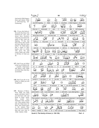 And surelyAllah forgave[on] them,indeed,Allah(is) Oft-Forgiving,
All-Forbearing.155O youwhobelieve[d]!(Do) not
belike those whodisbelievedand they saidabout their brothers
whenthey traveledinthe earthorthey werefighting,
“Ifthey had beenwith us,they (would) not (have) diedand not
they would have been killed.”So Allah makesthata regretintheir hearts.
And Allahgives lifeand causes death,and Allahof whatyou do(is) All-Seer.
156And ifyou are killedin(the) way(of) Allahor
die[d] -certainly forgivenessfromAllahand Mercy(are) betterthan what
they accumulate.157And ifyou dieorare killed,surely to
Allahyou will be gathered.158So because(of) Mercyfrom
Allahyou dealt gentlywith them.And ifyou had beenrude(and) harsh
(at) [the] heart,surely they (would have) dispersedfromaround you.Then pardon
[from] themand ask forgivenessfor themand consult theminthe matter.
Then whenyou have decided,then put trustonAllah.Indeed,Allah
Surah 3: The family of Imran (v. 156-159) Part - 4
And surelyAllah forgave
them and indeed, Allah
is Oft-Forgiving, All-
Forbearing.
O you who believe!
Do not be like those who
disbelieved and said
about their brothers
when they traveled in the
earth or they went out
fighting, “If they had
been with us, they would
not have died nor been
killed.” So Allah makes
that a regret in their
hearts. And it is Allah
who gives life and
causes death and Allah
is All-Seer of what you
do.
And if you are killed
in the way ofAllah or die
- certainly forgiveness
and Mercy from Allah
are better than what they
accumulate.
And if you die or are
killed, to Allah you will
begathered.
Because of Mercy
from Allah you dealt
gently with them. And if
you had been rude and
harsh at heart, surely
they would have
dispersed from around
you. Then pardon them
and ask forgiveness for
them, and consult them
in the matters. Then
when you have decided,
then put your trust in
Allah. Indeed, Allah
156.
157.
158.
159.
94 -
 
