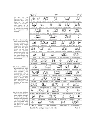 (on the) Day(of) [the] Resurrection.Then whoeveris drawn awayfromthe Fire
and admitted(to) Paradisethen surelyhe is successful.And not(is) the life
(of) the worldexceptenjoyment(of) delusion.185You will certainly be tested
inyour wealthand yourselves.And you will certainly hear
fromthose whowere giventhe Bookbefore youand from
those whoassociate partners with Allah -hurtful thingsmany,and if
you are patientand fear (Allah)then indeed,that(is) of
the matters of determination.186And whenAllah tooka Covenant
(from) those whowere giventhe Book,“You certainly make it clearto the mankind
and (do) notconceal it.Then they threw itbehindtheir backs
and they exchanged[with] it(for) a little price.And wretched(is) what
they purchase.187(Do) notthink(that) those whorejoice
in what(they have) broughtand they lovethatthey be praisedfor what
notythe do -so (do) notthink (that) they(will) escapefrom
the punishment;and for them(is a) punishmentpainful.188
Surah 3: The family of Imran (v. 186-188) Part - 4
100 -
on the Day of
Resurrection. Then
whoever is drawn away
from the Fire and
admitted to Paradise,
then surely he is
successful. And the life
of this world is nothing
but enjoyment of
delusion.
You will certainly be
tested in your wealth and
yourselves.And you will
certainly hear hurtful
things from those who
were given the Book
before you and from
those who associate
partners with Allah. But
if you are patient and
fear Allah - indeed, that
is of the matters of
determination.
And whenAllah took
a Covenant from those
who were given the
Book (saying), “You
certainly make it clear to
mankind and do not
conceal it.” Then they
threw it behind their
backs and exchanged it
for a little price. And
wretched is what they
purchased.
Do not think that those
who rejoice in what they
have brought and they
love to be praised for
what they have not done
- so do not think that
they will escape from
the punishment; and
for them is a painful
punishment.
186.
187.
188.
 