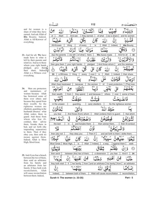and for women(is) a shareof whatthey earned.And askAllahof
His Bounty.Indeed,Allahisof everythingAll-Knower.
32And for allWe (have) madeheirsof what(is) left(by) the parents
and the relatives.And those whompledgedyour right hands -then give them
their share.Indeed,Allahisovereverythinga Witness.33
[The] men(are) protectorsofthe womenbecauseAllah (has) bestowed
some of themoverothersand becausethey spendfromtheir wealth.
So the righteous women(are) obedient,guardingin the unseen
that whichAllah (orders) them to guard.And those (from) whomyou fear
their ill-conductthen advise them,and forsake theminthe bed
and set forth to them / strike them.Then ifthey obey youthen (do) not
seekagainst thema way.Indeed,AllahisMost High,Most Great.
34And ifyou feara dissensionbetween (the) two of them,then send
an arbitratorfromhis familyand an arbitratorfromher family.Ifthey both wish
reconciliation,Allah will cause reconciliationbetween both of them.Indeed,
Part - 5
and for women is a
share of what they have
earned. And ask Allah of
Bounty. Indeed,
Allah is All-Knower of
everything.
And for all, have
made heirs to what is
left by their parents and
relatives.And as to those
whom your right hands
pledged, give them
their share. Indeed,
Allah is a Witness over
everything.
Men are protectors
and maintainers of
women because Allah
has bestowed some of
them over others and
because they spend from
their wealth. So the
righteous women are
obedient, guarding in the
husbands absence what
Allah orders them to
guard. And those from
whom who fear ill-
conduct, then advise
them, forsake them in
bed, and set forth (the
impending separation)
to them. Then if they
obey you, then seek no
means against them.
Indeed, Allah is Most
High, Most Great.
And if you fear a breach
between the two of them,
then send an arbitrator
from his family and
an arbitrator from her
family. If they both wish
reconciliation, Allah
will cause reconciliation
betweenthem.Indeed,
His
33. We
34.
35.
112
Surah 4: The women (v. 33-35)
-
 