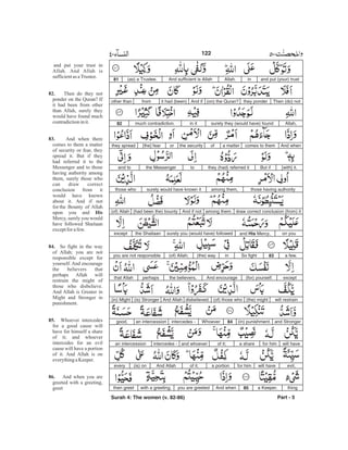 and put (your) trustinAllah.And sufficient is Allah(as) a Trustee.81
Then (do) notthey ponder(on) the Quran?And ifit had (been)fromother than
Allah,surely they (would have) foundin itmuch contradiction.82
And whencomes to thema matterofthe securityor[the] fearthey spread
[with] it.But ifthey (had) referred ittothe Messengerand to
those having authorityamong them,surely would have known itthose who
draw correct conclusion (from) itamong them.And if not(had been the) bounty(of) Allah
on youand His Mercy,surely you (would have) followedthe Shaitaanexcept
a few.83So fightin(the) way(of) Allah;you are not responsible
except(for) yourself.And encouragethe believers,perhapsthat Allah
will restrain(the) might(of) those whodisbelieved.And Allah(is) Stronger(in) Might
and Stronger(in) punishment.84Whoeverintercedes -an intercessiongood,
will havefor hima shareof it;and whoeverintercedes -an intercession
evil,will havefor hima portionof it.And Allah(is) onevery
thinga Keeper.85And whenyou are greetedwith a greeting,then greet
Part - 5
122
and put your trust in
Allah. And Allah is
sufficientas aTrustee.
Then do they not
ponder on the Quran? If
it had been from other
than Allah, surely they
would have found much
contradictioninit.
And when there
comes to them a matter
of security or fear, they
spread it. But if they
had referred it to the
Messenger and to those
having authority among
them, surely those who
can draw correct
conclusion from it
would have known
about it. And if not
for the Bounty of Allah
upon you and
Mercy, surely you would
have followed Shaitaan
exceptforafew.
So fight in the way
of Allah; you are not
responsible except for
yourself. And encourage
the believers that
perhaps Allah will
restrain the might of
those who disbelieve.
And Allah is Greater in
Might and Stronger in
punishment.
Whoever intercedes
for a good cause will
have for himself a share
of it; and whoever
intercedes for an evil
cause will have a portion
of it. And Allah is on
everythingaKeeper.
And when you are
greeted with a greeting,
greet
82.
83.
His
84.
85.
86.
Surah 4: The women (v. 82-86)
-
 