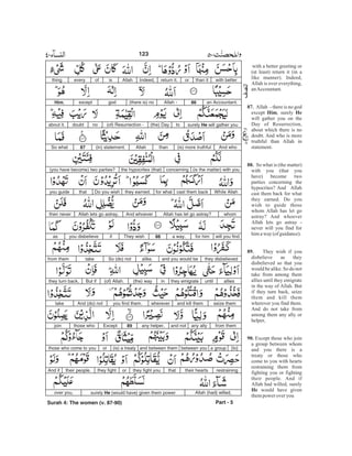 with a better greeting or
(at least) return it (in a
like manner). Indeed,
Allah is over everything,
anAccountant.
Allah - there is no god
except , surely
will gather you on the
Day of Resurrection,
about which there is no
doubt. And who is more
truthful than Allah in
statement.
So what is (the matter)
with you (that you
have) become two
parties concerning the
hypocrites? And Allah
cast them back for what
they earned. Do you
wish to guide those
whom Allah has let go
astray? And whoever
Allah lets go astray -
never will you find for
himaway(ofguidance).
They wish if you
disbelieve as they
disbelieved so that you
would be alike. So do not
take from among them
allies until they emigrate
in the way of Allah. But
if they turn back, seize
them and kill them
wherever you find them.
And do not take from
among them any ally or
helper,
Except those who join
a group between whom
and you there is a
treaty or those who
come to you with hearts
restraining them from
fighting you or fighting
their people. And if
Allah had willed, surely
would have given
thempoweroveryou
87.
Him He
88.
89.
90.
He
with betterthan itorreturn it.Indeed,Allahisofeverything
an Accountant.86Allah -(there is) nogodexceptHim,
surely He will gather youto(the) Day(of) Resurrection -nodoubtabout it.
And who(is) more truthfulthanAllah(in) statement.87So what
(is the matter) with youconcerningthe hypocrites (that)(you have become) two parties?
While Allahcast them backfor whatthey earned.Do you wishthatyou guide
whomAllah has let go astray?And whoeverAllah lets go astray,then never
will you findfor hima way.88They wishifyou disbelieveas
they disbelievedand you would bealike.So (do) nottakefrom them
alliesuntilthey emigratein(the) way(of) Allah.But ifthey turn back,
seize themand kill themwhereveryou find them.And (do) nottake
from themany allyand notany helper,89Exceptthose whojoin
[to]a groupbetween youand between them(is) a treatyorthose who come to you
restrainingtheir heartsthatthey fight youorthey fighttheir people.And if
Allah (had) willed,surely He (would have) given them powerover you,
Part - 5
123
Surah 4: The women (v. 87-90)
-
 
