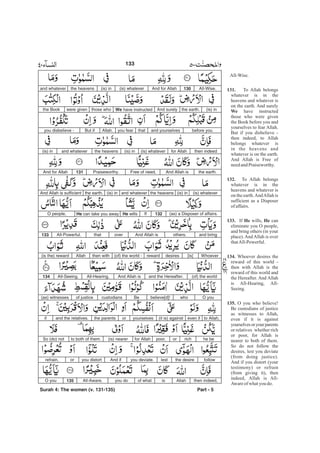 All-Wise.130And for Allah(is) whatever(is) inthe heavensand whatever
(is) inthe earth.And surelyWe have instructedthose whowere giventhe Book
before youand yourselvesthatyou fearAllah.But ifyou disbelieve -
then indeedfor Allah(is) whatever(is) inthe heavensand whatever(is) in
the earth.And Allah isFree of need,Praiseworthy.131And for Allah
(is) whatever(is) inthe heavensand whatever(is) inthe earth.And Allah is sufficient
(as) a Disposer of affairs.132IfHe willsHe can take you awayO people,
and bringothers.And Allah isoverthatAll-Powerful.133
Whoever[is]desiresreward(of) the world -then withAllah(is the) reward
(of) the worldand the Hereafter.And Allah isAll-Hearing,All-Seeing.134
O youwhobelieve[d]!Becustodiansof justice(as) witnesses
to Allah,even if(it is) againstyourselvesorthe parentsand the relatives.if
he berichorpoor,for Allah(is) nearerto both of them.So (do) not
followthe desirelestyou deviate.And ifyou distortorrefrain,
then indeed,Allahisof whatyou doAll-Aware.135O you
Surah 4: The women (v. 131-135) Part - 5
133
All-Wise.
To Allah belongs
whatever is in the
heavens and whatever is
on the earth. And surely
have instructed
those who were given
the Book before you and
yourselves to fear Allah.
But if you disbelieve -
then indeed, to Allah
belongs whatever is
in the heavens and
whatever is on the earth.
And Allah is Free of
needandPraiseworthy.
To Allah belongs
whatever is in the
heavens and whatever is
on the earth.AndAllah is
sufficient as a Disposer
of affairs.
If wills, can
eliminate you O people,
and bring others (in your
place).AndAllah is over
thatAll-Powerful.
Whoever desires the
reward of this world -
then with Allah is the
reward of this world and
the Hereafter. And Allah
is All-Hearing, All-
Seeing.
O you who believe!
Be custodians of justice
as witnesses to Allah,
even if it is against
yourselvesoryourparents
or relatives whether rich
or poor, for Allah is
nearer to both of them.
So do not follow the
desires, lest you deviate
(from doing justice).
And if you distort (your
testimony) or refrain
(from giving it), then
indeed, Allah is All-
Awareofwhatyou do.
131.
We
132.
133. He He
134.
135.
-
 