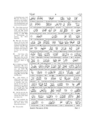 they [both] werein [it].And We said,“Go down (all of you),some of youto others
(as) enemy;and for youinthe earth(is) a dwelling placeand a provisionfor
a period.”36Then Adam receivedfromhis Lordwords,So (his Lord) turned
towards him.Indeed He!He(is) the Oft-returning (to mercy),the Most Merciful.37
We said,“Go downfrom itall (of you),and when,comes to youfrom MeGuidance,
then whoeverfollowsMy Guidance,[then] nofear(will be) on themand notthey
will grieve.38And thosewho disbelieve[d]and denyOur Signs,those
(are the) companions(of) the Fire;theyin it(will) abide forever.”39O Children
(of) Israel!RememberMy FavorwhichI bestowedupon youand fulfill,My Covenant
I will fulfillyour covenantand Me Alonefear [Me].40And believein what
I have sent downconfirmingthat which(is) with you,and (do) notbe(the) first
disbelieverof it.And (do) notexchangeMy Signs (for)a pricesmall,and Me Alone
fear [Me].41And (do) notmixthe Truthwith [the] falsehoodand conceal
the Truthwhile you[you] know.42And establishthe prayerand give
zakahand bow downwiththose who bow down.43Do you order
Part - 1
8 -
in which they were. And
said, “Go down, as
enemies to one another;
and on the earth will be
your dwelling place and
aprovisionforaperiod.”
Then Adam received
(some) words from his
Lord, and turned
towards him (in mercy).
Indeed, it is
is Oft-returning (to
mercy), the Most
Merciful.
said, “Go down
from it, all of you. And
when there comes to you
Guidance from , then
whoever follows
Guidance, they will have
no fear, nor will they
grieve.
And those who
disbelieve and deny
Signs, they are the
companions of the Fire;
they will abide in it
forever.”
O Children of Israel!
Remember favor
which bestowed upon
you, and fulfill
Covenant (upon you),
will fulfill your covenant
(from ), and fear
and alone.
And believe in
what have sent down
confirming that which
is (already) with you,
and be not the first to
disbelieve in it. And do
not exchange Signs
for a small price, and
fear and Alone.
And do not mix the
truth with falsehood or
conceal the truth while
you know (it).
And establish the
prayer and give
and bow down with
thosewho bow down.
Do you order
We
37.
He
He Who
38. We
Me
My
39.
Our
40.
My
I
My
I
Me Me
Me
41.
I
My
Me Me
42.
43.
44.
zakah
Surah 2: The cow (v. 37-44)
 
