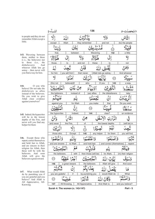 (to) the peopleand notthey rememberAllahexcept
a little.142Waveringbetweenthat,
nottotheseand nottothose.
And whoeverAllah lets go astray -then neveryou will findfor him
a way.143O youwhobelieve[d]!(Do) not
takethe disbelievers(as) alliesinstead ofthe believers.
Do you wishthatyou makefor Allahagainst you
an evidenceclear?144Indeed,the hypocrites
(will be) inthe lowest depthsofthe Fire,and never
you will findfor themany helper145Exceptthose who
repentand correct (themselves)and hold fastto Allahand are sincere
(in) their religionfor Allah,then those (will be)withthe believers.
And soonAllah will givethe believersa great reward.146
Whatwould Allah doby punishing youifyou are grateful
and you believe?And Allah isAll-Appreciative,All-Knowing.147
Part - 5
136
to people and they do not
rememberAllah except a
little.
Wavering between
them, neither to these
(i. e., the believers) nor
to those (i.e., the
disbelievers). And
whoever Allah lets go
astray - then never will
you findawayforhim.
O you who
believe! Do not take the
disbelievers as allies
instead of the believers.
Do you wish to give
Allah clear evidence
againstyourselves?
Indeed,thehypocrites
will be in the lowest
depths of the Fire, and
never will you find any
helperforthem
Except those who
repent,correctthemselves
and hold fast to Allah,
and are sincere in their
religion for Allah, then
those will be with the
believers. And soon
Allah will give the
believersagreatreward.
What would Allah
do by punishing you if
you are grateful and you
believe? And Allah is
All Appreciative, All-
Knowing.
143.
144.
145.
146.
147.
Surah 4: The women (v. 143-147)
-
 