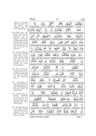 and killthe Prophetswithout (any)[the] right.That(was) because
they disobeyedand they weretransgressing.61Indeed,those whobelieved
and those whobecame Jewsand the Christiansand the Sabians -whobelieved
in Allahand the Day[the] Lastand didrighteous deeds,so for them(is) their reward
withtheir Lordand nofearon themand nottheywill grieve.62
And whenWe tookyour covenantand We raisedover youthe mount,“Hold
whatWe have given youwith strength,and rememberwhat(is) in it,perhaps you
(would become) righteous.”63Thenyou turned awayafter
that.So if not(for the) Grace of Allahupon youand His Mercy,
surely you would have beenofthe losers.64And indeed,you knew
those whotransgressedamong youin the (matter of) Sabbath.So We saidto them,
“Beapes,despised.”65So We made ita deterrent punishmentfor those
(in) front of themand those after themand an admonitionfor those who fear (Allah).
66And whenMusa saidto his people,“Indeed, Allahcommands you
thatyou slaughtera cow.”They said,“Do you take us(in) ridicule.”He said,
Part - 1
12 -
and kill the Prophets
without any right. That
was because they
disobeyed and they
were transgressing.
Indeed, those who
believed, and those who
became Jews, and the
Christians, and the
Sabians - who believed
inAllah and the Last Day
and did righteous deeds,
will have their reward
with their Lord; they will
have no fear, nor will
theygrieve.
And when took
your covenant, and
raised above you the
mount (saying), “Hold
firmly that which
have given you, and
remember what is in it,
perhaps you would
becomerighteous.”
Then even after that
you turned away. Had it
not been for the Grace
and Mercy ofAllah upon
you, surely you would
have been among the
losers.
And indeed, you
knew those amongst you
who transgressed in the
matter of the Sabbath. So
said to them, “Be
apes,despised.”
And made it a
deterrent punishment
for those who were
present and those who
succeeded them and an
admonition for those
who fearAllah.
And when Musa said
to his people, “Indeed,
Allah commands you to
slaughter a cow,” they
said, “Do you take us in
ridicule?” Hesaid,
62.
63. We
We
We
64.
65.
We
66. We
67.
Surah 2: The cow (v. 62-67)
 