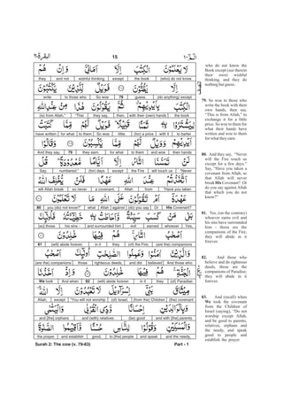 (who) do not knowthe bookexceptwishful thinkingand notthey
(do anything) exceptguess.78So woeto those whowrite
the bookwith their (own) handsthen,they say,“This(is) from Allah,”
to barterwith it(for) a pricelittle.So woeto themfor whathave written
their handsand woeto themfor whatthey earn.79And they say,
“Neverwill touch usthe Fireexcept(for) daysnumbered.”Say,
“Have you takenfromAllaha covenant,so neverwill Allah break
His Covenant?Or(do) you sayagainstAllahwhatyou (do) not know?”80
Yes,whoeverearnedeviland surrounded himhis sins -[so] those
(are the) companions(of) the Fire;theyin it(will) abide forever.81
And those whobelievedand didrighteous deeds,those(are the) companions
(of) Paradise;theyin it(will) abide forever.82And whenWe took
(the) covenant(from the) Children(of) Israel,“You will not worshipexceptAllah,
and with [the] parents(be) goodand (with) relativesand [the] orphans
and the needy,and speakto [the] peoplegood,and establishthe prayer
Part - 1
15 -
who do not know the
Book except (see therein
their own) wishful
thinking, and they do
nothingbutguess.
So woe to those who
write the book with their
own hands, then say,
“This is from Allah,” to
exchange it for a little
price. So woe to them for
what their hands have
written and woe to them
forwhattheyearn.
And they say, “Never
will the Fire touch us
except for a few days.”
Say, “Have you taken a
covenant from Allah, so
that Allah will never
break Covenant? Or
do you say against Allah
that which you do not
know?”
Yes, (on the contrary)
whoever earns evil and
his sins have surrounded
him - those are the
companions of the Fire;
they will abide in it
forever.
And those who
believe and do righteous
deeds, those are the
companions of Paradise;
they will abide in it
forever.
And (recall) when
took the covenant
from the Children of
Israel (saying), “Do not
worship except Allah,
and be good to parents,
relatives, orphans and
the needy, and speak
good to people and
establish the prayer
79.
80.
His
81.
82.
83.
We
Surah 2: The cow (v. 79-83)
 