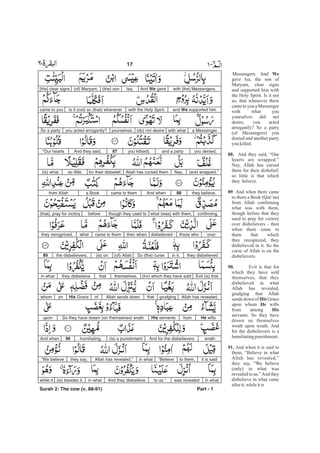 with [the] Messengers.And We gaveIsa,(the) son(of) Maryam,[the] clear signs
and We supported himwith the Holy Spirit.Is it (not) so (that) whenevercame to you
a Messengerwith what(do) not desireyourselves,you acted arrogantly?So a party
you denied,and a partyyou kill(ed).87And they said,“Our hearts
(are) wrapped.”Nay,Allah has cursed themfor their disbelief;so little(is) what
they believe.88And whencame to thema Bookfrom Allah
confirmingwhat (was) with them,though they used tobefore(that), pray for victory
overthose whodisbelieved -then whencame to themwhatthey recognized,
they disbelievedin it.So (the) curse(of) Allah(is) onthe disbelievers.89
Evil (is) that(for) which they have soldthemselves,thatthey disbelievein what
Allah has revealed,grudgingthatAllah sends downofHis Graceonwhom
He willsfromHis servants.So they have drawn (on themselves) wrathupon
wrath.And for the disbelievers(is) a punishmenthumiliating.90And when
it is saidto them,“Believein whatAllah has revealed,”they say,“We believe
in whatwas revealedto us.”And they disbelievein what(is) besides it,while it
Part - 1
17 -
Messengers. And
gave Isa, the son of
Maryam, clear signs
and supported him with
the Holy Spirit. Is it not
so, that whenever there
came to you a Messenger
with what you
yourselves did not
desire, you acted
arrogantly? So a party
(of Messengers) you
denied and another party
you killed.
And they said, “Our
hearts are wrapped.”
Nay, Allah has cursed
them for their disbelief;
so little is that which
they believe.
. And when there came
to them a Book (Qur’an)
from Allah confirming
what was with them,
though before that they
used to pray for victory
over disbelievers - then
when there came to
them that which
they recognized, they
disbelieved in it. So the
curse of Allah is on the
disbelievers.
Evil is that for
which they have sold
themselves, that they
disbelieved in what
Allah has revealed,
grudging that Allah
sends down of Grace
upon whom wills
from among
servants. So they have
drawn on themselves
wrath upon wrath. And
for the disbelievers is a
humiliatingpunishment.
And when it is said to
them, “Believe in what
Allah has revealed,”
they say, “We believe
(only) in what was
revealed to us.”And they
disbelieve in what came
afterit,whileitis
We
88.
89
90.
His
He
His
91.
Surah 2: The cow (v. 88-91)
 