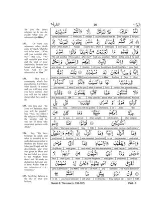 for youthe religion,so you should not dieexceptwhile you(are) submissive.”
132Orwere youwitnesseswhencame toYaqub[the] death,when
he saidto his sons,“Whatwill you worshipafter me?”They said,“We will worship
your Godand (the) God(of) your forefathers,Ibrahimand Ismailand Ishaq -
GodOne.And weto Him(are) submissive.”133This(was) a community
(which) has passed away,for itwhat it earnedand for youwhatyou earned.
And notyou will be askedabout whatthey used todo.134And they said,
“BeJewsorChristians,(then) you will be guided.”Say,“Nay,
(the) religion(of) Ibrahim,(the) upright;and nothe wasof
those who associated partners (with Allah).”135Say,“We have believedin Allah
and what(is) revealedto usand whatwas revealedtoIbrahimand Ismail
and Ishaqand Yaquband the descendants,and whatwas given(to) Musa
and Isaand whatwas given(to) the Prophetsfromtheir Lord.Not
we make distinctionbetweenanyof them.And weto Him(are) submissive.”
136So ifthey believe [d]in (the) like(of) whatyou have believedin [it],
Surah 2: The cow (v. 133-137) Part - 1
26 -
for you the (true)
religion, so do not die
except while you are
submissive(to ).”
Or were you
witnesses when death
came to Yaqub, when he
said to his sons, “What
will you worship after
me?” They said, “We
will worship your God
and the God of your
forefathers, Ibrahim and
Ismail and Ishaq - One
God. And we are
submissive to .”
That was a
community which has
passed away. It will have
what (deeds) it earned
and you will have what
you have earned. And
you will not be asked
about what they used to
do.
And they said, “Be
Jews or Christians, then
you will be guided.”
Say, “Nay, (we follow)
the religion of Ibrahim,
the upright; and he
was not of those who
associated partners with
Allah.”
. Say, “We have
believed in Allah and
what is revealed to us
and what was revealed to
Ibrahim and Ismail and
Ishaq and Yaqub and the
descendants, and what
was given to Musa and
Isa and what was given
to the Prophets from
their Lord. We make no
distinction between any
of them. And to we
are submissive (i.e.,
Muslims).”
So if they believe in
the like of what you
believe,
Him
133.
Him
134.
135.
136
Him
137.
 