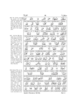 Will saythe foolish onesfromthe people,“What(has) turned themfrom
their direction of prayerwhichthey were used to[on it].”Say,“For Allah
(is) the eastand the west.He guideswhomHe willstoa path
straight.”142And thusWe made youa community(of the) middle way
so that you will bewitnessesoverthe mankind,and will bethe Messenger
on youa witness.And notWe madethe direction of prayerwhich
you were used to[on it]exceptthat We make evident(he) whofollows
the Messengerfrom (he) whoturns backonhis heels.And indeed,it was
certainly a great (test)exceptforthose whomAllah guided.And notwill Allah
let go wasteyour faith.Indeed, Allah(is) to [the] mankindFull of Kindness,
Most Merciful.143Indeed,We see(the) turning(of) your facetowards
the heaven.So We will surely turn you(to the) direction of prayeryou will be pleased with.
So turnyour facetowards the direction(of) Al-Masjid Al-Haraamand wherever
you are[so] turnyour faces(in) its direction.And indeed,those whowere given
the Booksurely knowthat it(is) the truthfromtheir Lord.And not(is) Allah
Surah 2: The cow (v. 142-144) Part - 2
28
142.
He
He
143. We
We
144. We
We
The foolish among
the people will say,
“What has turned them
from the direction of
prayer which they used
to (face).” Say, “ToAllah
belong the east and the
west. guides whom
wills to the straight
path.”
And thus have
made you a community
of the middle way so that
you will be witnesses
over mankind and the
Messenger will be a
witness over you. And
appointed the
direction of the prayer
which you used to face in
order to make evident
he who follows the
Messenger from he who
turns back on his heels.
And indeed, it was a
great test except for
those whom Allah
guided. And Allah
would not let go waste
your faith. Indeed, Allah
is Full of Kindness
towards mankind, the
Most Merciful.
Indeed, see the
turning of your face (O
Muhammad SAWS!),
towards the heaven.
Surely will turn you
to a direction of prayer
that pleases you. So turn
your face towards the
direction of Al-Masjid
Al-Haraam (Kabah).
And wherever you
(believers) are, turn
your faces towards its
direction. And indeed,
those who were given
the Book, know well that
it is the truth from their
Lord. And Allah is not
-
 