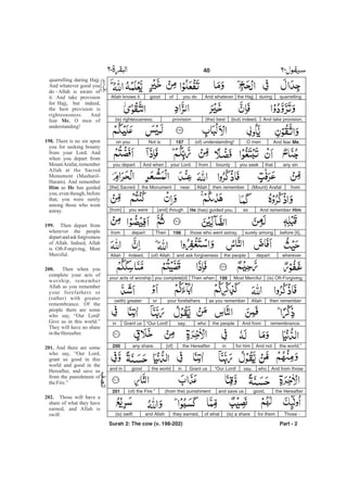 quarrellingduringthe Hajj.And whateveryou doofgoodAllah knows it.
And take provision,(but) indeed,(the) bestprovision(is) righteousness.
And fear Me,O men(of) understanding!197Not ison you
any sinthatyou seekbountyfromyour Lord.And whenyou depart
from(Mount) Arafatthen rememberAllahnearthe Monument[the] Sacred.
And remember HimasHe (has) guided you,[and] thoughyou were[from]
before [it],surely amongthose who went astray.198Thendepartfrom
whereverdepartthe peopleand ask forgiveness(of) Allah.Indeed,Allah
(is) Oft-Forgiving,Most Merciful199Then whenyou complete[d]your acts of worship
then rememberAllahas you rememberyour forefathersor(with) greater
remembrance.And fromthe peoplewhosay,“Our Lord!Grant usin
the world.”And notfor himinthe Hereafter[of]any share.200
And from thosewhosay,“Our Lord!Grant usinthe worldgoodand in
the Hereaftergood,and save us(from the) punishment(of) the Fire.”201
Those -for them(is) a shareof whatthey earned,and Allah(is) swift
Part - 2
40 -
quarrelling during Hajj.
And whatever good you
do - Allah is aware of
it. And take provision
for Hajj, but indeed,
the best provision is
righteousness. And
fear , O men of
understanding!
There is no sin upon
you for seeking bounty
from your Lord. And
when you depart from
MountArafat, remember
Allah at the Sacred
Monument (Masharil-
Haram). And remember
as has guided
you, even though, before
that, you were surely
among those who went
astray.
Then depart from
wherever the people
departandaskforgiveness
of Allah. Indeed, Allah
is Oft-Forgiving, Most
Merciful.
Then when you
complete your acts of
worship, remember
Allah as you remember
your forefathers or
(rather) with greater
remembrance. Of the
people there are some
who say, “Our Lord!
Give us in this world.”
They will have no share
intheHereafter.
And there are some
who say, “Our Lord,
grant us good in this
world and good in the
Hereafter, and save us
from the punishment of
theFire.”
Those will have a
share of what they have
earned, and Allah is
swift
Me
198.
Him He
199.
200.
201.
202.
Surah 2: The cow (v. 198-202)
 