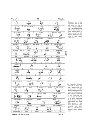 “Indeed, a sign of his
kingship is that the ark
will come to you in
which is tranquility from
your Lord and a remnant
left by the family of
Musa and the family of
Harun carried by the
Angels. Indeed, in that is
a sign for you if you are
believers.”
Then when Talut set
out with the forces, he
said, “Indeed, Allah will
test you with a river. So
whoever drinks from it is
not of me. And whoever
does not taste it is indeed
of me, except the one
who takes in the hollow
of his hand.” Then they
drank from it except a
few of them. Then when
Talut crossed it (the
river) with those who
believed with him,
they said, “We have no
strength today against
Jalut
249.
“Indeed,a sign(of) his kingship(is) that
will come to youthe ark,in it(is) tranquility
fromyour Lord,and a remnantof what(was) left
(by the) family(of) Musaand family(of) Harunwill carry it
the Angels.Indeed,inthat(is) surely a sign
for youifyou arebelievers.”248
Then whenset outTalutwith the forces
he said,“Indeed,Allahwill test you
with a river.So whoeverdrinksfrom itthen he is not
from me,and whoever(does) nottaste itthen indeed, he
(is) from meexceptwhoevertakes(in the) hollow
(of) his hand.”Then they drankfrom itexcept
a fewof them.Then whenhe crossed it
and those whobelievedwith him,they said,
“Nostrengthfor ustodayagainst Jalut
Part - 2
53 -
Surah 2: The cow (v. 249)
 