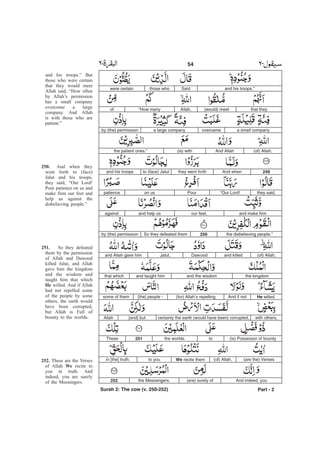 and his troops.”Saidthose whowere certain
that they(would) meetAllah,“How manyof
a small companyovercamea large companyby (the) permission
(of) Allah.And Allah(is) withthe patient ones.”
249And whenthey went forthto (face) Jalutand his troops
they said,“Our Lord!Pouron uspatience
and make firmour feet,and help usagainst
the disbelieving people.”250So they defeated themby (the) permission
(of) Allah,and killedDawoodJalut,and Allah gave him
the kingdomand the wisdomand taught himthat which
He willed.And if not(for) Allah’s repelling[the] people -some of them
with others,certainly the earth (would have been) corrupted,[and] butAllah
(is) Possessor of bountytothe worlds.251These
(are the) Verses(of) Allah,We recite themto youin [the] truth.
And indeed, you(are) surely ofthe Messengers.252
Part - 2
and his troops.” But
those who were certain
that they would meet
Allah said, “How often
by Allah’s permission
has a small company
overcome a large
company. And Allah
is with those who are
patient.”
And when they
went forth to (face)
Jalut and his troops,
they said, “Our Lord!
Pour patience on us and
make firm our feet and
help us against the
disbelieving people.”
So they defeated
them by the permission
of Allah and Dawood
killed Jalut, and Allah
gave him the kingdom
and the wisdom and
taught him that which
willed. And if Allah
had not repelled some
of the people by some
others, the earth would
have been corrupted,
but Allah is Full of
bounty to the worlds.
These are the Verses
of Allah recite to
you in truth. And
indeed, you are surely
of the Messengers.
250.
251.
He
252.
We
54 -
Surah 2: The cow (v. 250-252)
 