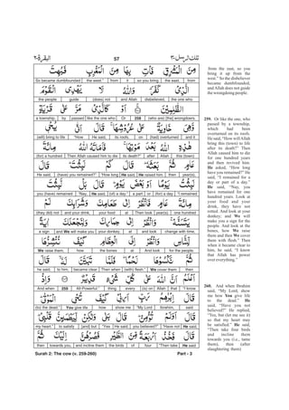 from the east, so you
bring it up from the
west.” So the disbeliever
became dumbfounded,
and Allah does not guide
thewrongdoing people.
Or like the one, who
passed by a township,
which had been
overturned on its roofs.
He said, “How willAllah
bring this (town) to life
after its death?” Then
Allah caused him to die
for one hundred years
and then revived him.
asked, “How long
have you remained?” He
said, “I remained for a
day or part of a day.”
said, “Nay, you
have remained for one
hundred years. Look at
your food and your
drink, they have not
rotted. And look at your
donkey; and will
make you a sign for the
people. And look at the
bones, how raise
them and then cover
them with flesh.” Then
when it became clear to
him, he said, “I know
that Allah has power
overeverything.”
And when Ibrahim
said, “My Lord, show
me how give life
to the dead.”
said, “Have you not
believed?” He replied,
“Yes, but (let me see it)
so that my heart may
be satisfied.” said,
“Then take four birds
and incline them
towards you (i.e., tame
them), then (after
slaughtering them)
259.
He
He
We
We
We
260.
You
He
He
fromthe east,so you bringitfromthe west.”So became dumbfounded
the one whodisbelieved,and Allah(does) notguidethe people
(who are) [the] wrongdoers.258Orlike the one whopassedbya township,
and it(had) overturnedonits roofs.He said,“How(will) bring to life
this (town)Allahafterits death?”Then Allah caused him to die(for) a hundred
year(s),thenHe raised him.He said,“How long(have) you remained?”He said,
“I remained(for) a dayora part(of) a day.”He said,“Nay,you (have) remained
one hundredyear(s).Then lookatyour foodand your drink,(they did) not
change with time,and lookatyour donkey,and We will make youa sign
for the people.And lookatthe boneshowWe raise them,
thenWe cover them(with) flesh.”Then whenbecame clearto him,he said,
“I knowthatAllah(is) oneverythingAll-Powerful.”259And when
saidIbrahim,“My Lordshow mehowYou give life(to) the dead.”
He said,“Have notyou believed?”He said,“Yes[and] butto satisfymy heart.”
He said“Then takefourofthe birdsand incline themtowards you,then
Part - 3
57 -
Surah 2: The cow (v. 259-260)
 