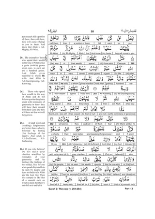putoneachhilla portion of them;thencall them,
they will come to you(in) haste.And knowthatAllah(is) All-Mighty,All-Wise.
260Example(of) those whospendtheir wealthin(the) way
(of) Allah,(is) likea grainwhich growssevenears,ineach
earhundredgrain(s).And Allahgives manifoldto whomHe wills.And Allah
(is) All-Encompassing,All-Knowing.261Those whospendtheir wealthin
(the) way(of) Allahthennotthey followwhatthey spend
(with) reminders of generosityand nothurt -for themtheir reward(is) withtheir Lord,
and (there will be) nofearon themand nottheywill grieve.262
A wordkindand (seeking) forgiveness(are) betterthana charity
followed [it](by) hurt.And Allah(is) All-Sufficient,All-Forbearing.263O you
whobelieve[d]!(Do) notrender in vainyour charitieswith reminders (of it)
or [the] hurt,like the one whospendshis wealth(to) be seen(by) the people,
and (does) notbelievein Allahand the Day[the] Last.Then his example(is) like
(that of a) smooth rockupon it(is) dust,then fell on itheavy rain,then left it
Part - 3
58 -
put on each hill a portion
of them, then call them,
they will come (flying)
to you in haste. And
know that Allah is All-
Mighty,All-Wise.
The example of those
who spend their wealth
in the way ofAllah is like
a grain (which) grows
seven ears, in each ear
are a hundred grains.
And Allah gives
manifold to whom
wills. And Allah is
All-Encompassing, All-
Knowing.
Those who spend
their wealth in the way
of Allah and do not
follow up what they have
spent with reminders of
generosity or hurt - they
will have their reward
from their Lord and they
will have no fear nor will
theygrieve.
A kind word and
(seeking) forgiveness
are better than a charity
followed by hurting
(the feelings of the
needy). And Allah is
All-Sufficient, All-
Forbearing.
O you who believe!
Do not make your
charities worthless by
reminders of your
generosity and by
hurting (the feelings of
the needy), like the one
who spends his wealth to
be seen by people and
does not believe in Allah
and the Last Day. Then
his example is like that
of a smooth rock on
which is dust, then heavy
rainfellon itandleftit
261.
He
262.
263.
264.
Surah 2: The cow (v. 261-264)
 