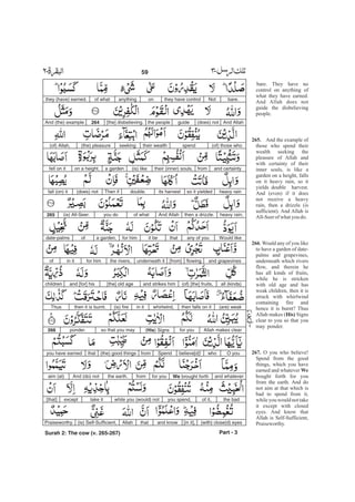 bare.Notthey have controlonanythingof whatthey (have) earned.
And Allah(does) notguidethe people[the] disbelieving.264And (the) example
(of) those whospendtheir wealthseeking(the) pleasure(of) Allah,
and certaintyfromtheir (inner) souls,(is) likea gardenon a height,fell on it
heavy rainso it yieldedits harvestdouble.Then if(does) notfall (on) it
heavy rain,then a drizzle.And Allahof whatyou do(is) All-Seer.265
Would likeany of youthatit befor hima garden,ofdate-palms
and grapevinesflowing[from]underneath itthe rivers,for himin itof
all (kinds)(of) [the] fruits,and strikes him[the] old ageand [for] hischildren
(are) weakthen falls on itwhirlwind,in it(is) firethen it is burnt.Thus
Allah makes clearfor you(His) Signsso that you mayponder.266
O youwhobelieve[d]!Spendfrom(the) good thingsthatyou have earned
and whateverWe brought forthfor youfromthe earth.And (do) notaim (at)
the badof it,you spend,while you (would) nottake itexcept[that]
(with) close(d) eyes[in it],and knowthatAllah(is) Self-Sufficient,Praiseworthy.
Part - 3
59 -
bare. They have no
control on anything of
what they have earned.
And Allah does not
guide the disbelieving
people.
And the example of
those who spend their
wealth seeking the
pleasure of Allah and
with certainty of their
inner souls, is like a
garden on a height, falls
on it heavy rain, so it
yields double harvest.
And (even) if it does
not receive a heavy
rain, then a drizzle (is
sufficient). And Allah is
All-Seerofwhatyou do.
. Would any of you like
to have a garden of date-
palms and grapevines,
underneath which rivers
flow, and therein he
has all kinds of fruits,
while he is stricken
with old age and has
weak children, then it is
struck with whirlwind
containing fire and
hence it is burnt? Thus
Allah makes ( Signs
clear to you so that you
may ponder.
O you who believe!
Spend from the good
things, which you have
earned and whatever
bought forth for you
from the earth. And do
not aim at that which is
bad to spend from it,
while you would not take
it except with closed
eyes. And know that
Allah is Self-Sufficient,
Praiseworthy.
265.
266
His)
267.
We
Surah 2: The cow (v. 265-267)
 