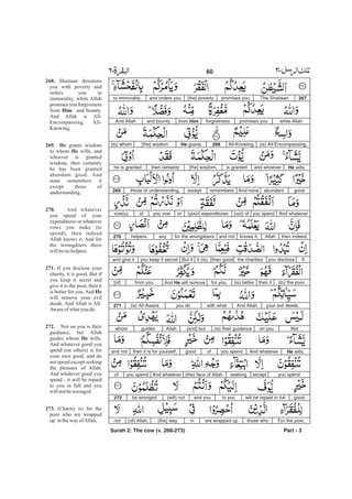267The Shaitaanpromises you[the] povertyand orders youto immorality,
while Allahpromises youforgivenessfrom Himand bounty.And Allah
(is) All-Encompassing,All-Knowing.268He grants[the] wisdom(to) whom
He wills,and whoeveris granted[the] wisdom,then certainlyhe is granted
goodabundant.And noneremembersexceptthose of understanding.269
And whateveryou spend(out) of(your) expendituresoryou vowofvow(s),
then indeed,Allahknows it,and notfor the wrongdoersanyhelpers.270
Ifyou disclosethe charitiesthen goodit (is).But ifyou keep it secretand give it
(to) the poor,then it(is) betterfor you.And He will removefrom you[of]
your evil deeds.And Allahwith whatyou do(is) All-Aware.271
Noton you(is) their guidance[and] butAllahguideswhom
He wills.And whateveryou spendofgoodthen it is for yourself,and not
you spendexceptseeking(the) face of Allah.And whateveryou spendof
good,will be repaid in fullto youand you(will) notbe wronged.272
For the poor,those whoare wrapped upin(the) way(of) Allah,not
Part - 3
268.
Him
269. He
He
270.
271.
He
272.
He
273.
Shaitaan threatens
you with poverty and
orders you to
immorality, while Allah
promises you forgiveness
from and bounty.
And Allah is All-
Encompassing, All-
Knowing.
grants wisdom
to whom wills, and
whoever is granted
wisdom, then certainly
he has been granted
abundant good. And
none remembers it
except those of
understanding.
And whatever
you spend of your
expenditures or whatever
vows you make (to
spend), then indeed
Allah knows it. And for
the wrongdoers there
willbeno helpers.
If you disclose your
charity, it is good. But if
you keep it secret and
give it to the poor, then it
is better for you.And
will remove your evil
deeds. And Allah is All-
Awareofwhatyou do.
Not on you is their
guidance, but Allah
guides whom wills.
And whatever good you
spend (on others) is for
your own good, and do
not spend except seeking
the pleasure of Allah.
And whatever good you
spend - it will be repaid
to you in full and you
willnotbewronged.
(Charity is) for the
poor who are wrapped
up inthewayofAllah,
60 -
Surah 2: The cow (v. 268-273)
 