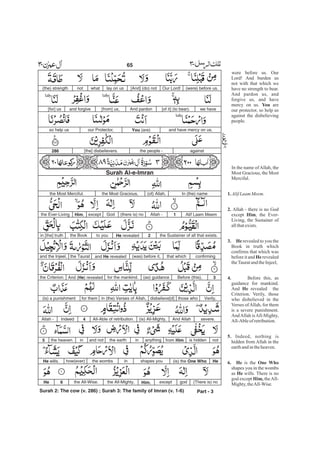 were before us. Our
Lord! And burden us
not with that which we
have no strength to bear.
And pardon us, and
forgive us, and have
mercy on us. are
our protector, so help us
against the disbelieving
people.
In the name of Allah, the
Most Gracious, the Most
Merciful.
.
Allah - there is no God
except , the Ever-
Living, the Sustainer of
allthatexists.
revealed to you the
Book in truth which
confirms that which was
before it and revealed
theTauratandtheInjeel,
Before this, as
guidance for mankind.
And revealed the
Criterion. Verily, those
who disbelieved in the
Verses ofAllah, for them
is a severe punishment.
AndAllah isAll-Mighty,
All-Ableof retribution.
Indeed, nothing is
hidden from Allah in the
earthandintheheaven.
is the
shapes you in the wombs
as wills. There is no
god except theAll-
Mighty, theAll-Wise.
You
1.
2.
Him
3. He
He
4.
He
5.
6. He One Who
He
Him,
AlifLaam Meem
(were) before us.Our Lord![And] (do) notlay on uswhatnot(the) strength
we have[of it] (to bear).And pardon[from] us,and forgive[for] us
and have mercy on us.You (are)our Protector,so help us
againstthe people -[the] disbelievers.286
Surah Al-e-Imran
In (the) name(of) Allah,the Most Gracious,the Most Merciful.
Alif Laam Meem1Allah -(there is) noGodexceptHim,the Ever-Living
the Sustainer of all that exists.2He revealedto youthe Bookin [the] truth
confirmingthat which(was) before it,and He revealedthe Tauratand the Injeel,
3Before (this),(as) guidancefor the mankind.And (He) revealedthe Criterion.
Verily,those whodisbelieve[d]in (the) Verses of Allah,for them(is) a punishment
severe.And Allah(is) All-Mighty,All-Able of retribution.4IndeedAllah -
notis hiddenfrom Himanythinginthe earthand notinthe heaven.5
He(is) the One Whoshapes youinthe wombshow(ever)He wills.
(There is) nogodexceptHim,the All-Mighty,the All-Wise.6He
Part - 3
65 -
Surah 2: The cow (v. 286) ; Surah 3: The family of Imran (v. 1-6)
 