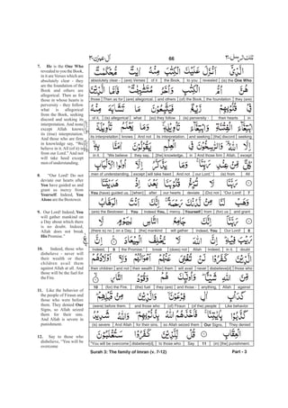 (is) the One Whorevealedto youthe Book,of it(are) Versesabsolutely clear -
they (are)the foundation(of) the Book,and others(are) allegorical.Then as forthose
intheir hearts(is) perversity -[so] they followwhat(is) allegoricalof it,
seeking[the] discordand seekingits interpretation.And notknowsits interpretation
exceptAllah.And those firmin[the] knowledge,they say,“We believein it.
All(is) fromour Lord.”And notwill take heedexceptmen of understanding.
7“Our Lord!(Do) notdeviateour heartsafter[when]You (have) guided us,
and grant(for) usfromYourselfmercy.Indeed You,You(are) the Bestower.
8Our Lord!Indeed, Youwill gather[the] mankindon a Day,(there is) no
doubtin it.Indeed,Allah(does) notbreakthe Promise.”9Indeed,
those whodisbelieve[d]neverwill avail[for] themtheir wealthand nottheir children
againstAllahanything,and those -they (are)(the) fuel(for) the Fire.10
Like behavior(of the) people(of) Firaunand those who(were) before them.
They deniedOur Signs,so Allah seized themfor their sins.And Allah(is) severe
(in) [the] punishment.11Sayto those whodisbelieve[d],“You will be overcome
Part - 3
66 -
7. He One Who
8
You
Yourself You
Alone
9. You
His
10.
11.
Our
12.
is the
revealed to you the Book,
in it are Verses which are
absolutely clear - they
are the foundation of the
Book and others are
allegorical. Then as for
those in whose hearts is
perversity - they follow
what is allegorical
from the Book, seeking
discord and seeking its
interpretation. And none
except Allah knows
its (true) interpretation.
And those who are firm
in knowledge say, “We
believe in it. All (of it) is
from our Lord.” And not
will take heed except
menofunderstanding.
. “Our Lord! Do not
deviate our hearts after
have guided us and
grant us mercy from
. Indeed,
aretheBestower.
Our Lord! Indeed,
will gather mankind on
a Day about which there
is no doubt. Indeed,
Allah does not break
Promise.”
Indeed, those who
disbelieve - never will
their wealth or their
children avail them
against Allah at all. And
those will be the fuel for
theFire.
Like the behavior of
the people of Firaun and
those who were before
them. They denied
Signs, so Allah seized
them for their sins.
And Allah is severe in
punishment.
Say to those who
disbelieve, “You will be
overcome
Surah 3: The family of Imran (v. 7-12)
 