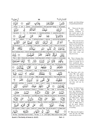people - give them tidings
ofapainfulpunishment.
Those are the ones
whose deeds have
become worthless in
this world and in the
Hereafter. And for them
therewillbeno helpers.
Have you not seen
those who were given a
portion of the Scripture?
They are invited to the
Book of Allah that it
should arbitrate between
them; then a party of
them turns away and
theyareaverse.
That is because they
say, “Never will the Fire
touch us except for (a
few) numbered days.”
And they were deceived
in their religion by what
theywereinventing.
Then how will it be
when will gather
them on a Day about
which there is no doubt.
Every soul will be paid
in full what it earned
and they will not be
wronged.
Say, “O Allah! Owner
of the Dominion,
give the dominion to
whom will and
take away the dominion
from whom will,
and honor whom
will, and
humiliate whom
will. In hand is
all the good. Indeed,
have power over
everything.
cause the night to
enter the day and
causethedaytoenter
22.
23.
24.
25.
We
26.
You
You You
You
You
You You
You
Your
You
27. You
You
the people,then give them tidingsof a punishmentpainful.21Those
(are) the ones who -became worthlesstheir deedsinthe world
and (in) the Hereafter.And not(will be) for themanyhelpers.22
Have you not seen[to]those whowere givena portionofthe Scripture?
They are invitedto(the) Book(of) Allahthat (it should) arbitratebetween them,then
turns awaya partyof themand they (are)those who are averse.23That
(is) because theysay,“Neverwill touch usthe Fireexcept(for) daysnumbered.”
And deceived themintheir religionwhatthey wereinventing.24
Then how (will it be)whenWe will gather themon a Day -nodoubtin it.
And will be paid in fulleverysoulwhatit earnedand they(will) not
be wronged.25Say“O Allah!Owner(of) the Dominion,You give
the dominion(to) whomYou willand You take awaythe dominionfrom whom
You will,and You honorwhomYou will,and You humiliatewhomYou will.
In Your hand(is all) the good.Indeed, You(are) oneverythingAll-Powerful.
26You cause to enterthe nightinthe dayand You cause to enterthe day
Part - 3
69 -
Surah 3: The family of Imran (v. 22-27)
 