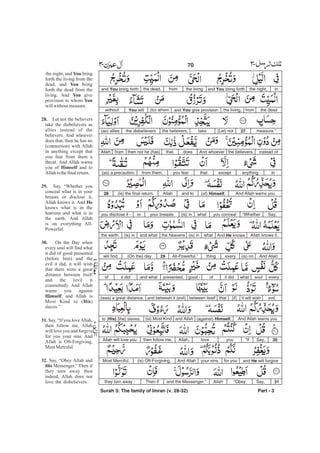 inthe night,and You bring forththe livingfromthe dead,and You bring forth
the deadfromthe living,and You give provision(to) whomYou willwithout
measure.”27(Let) nottakethe believers,the disbelievers(as) allies
instead ofthe believers.And whoeverdoesthat,then not he (has)fromAllah
inanythingexceptthatyou fearfrom them,(as) a precaution.
And Allah warns you(of) Himself,and toAllah(is) the final return.28
Say,“Whetheryou concealwhat(is) inyour breastsoryou disclose it -
Allah knows it.And He knowswhat(is) inthe heavensand what(is) inthe earth.
And Allah(is) oneverythingAll-Powerful.”29(On the) daywill find
everysoulwhatit didofgood -presented,and whatit didof
evil,it will wish[if]thatbetween itselfand between it (evil)(was) a great distance.
And Allah warns you(against) Himself,and Allah(is) Most Kindto (His) [the] slaves.
30Say,“IfyouloveAllah,then follow me,Allah will love you
and He will forgivefor youyour sins.And Allah(is) Oft-Forgiving,Most Merciful.
31Say,“ObeyAllahand the Messenger.”Then ifthey turn away -
Part - 3
70 -
Surah 3: The family of Imran (v. 28-32)
the night, and bring
forth the living from the
dead, and bring
forth the dead from the
living. And give
provision to whom
willwithoutmeasure.
Let not the believers
take the disbelievers as
allies instead of the
believers. And whoever
does that, then he has no
(connection) with Allah
in anything except that
you fear from them a
threat. And Allah warns
you of and to
Allahis thefinalreturn.
Say, “Whether you
conceal what is in your
breasts or disclose it,
Allah knows it. And
knows what is in the
heavens and what is in
the earth. And Allah
is on everything All-
Powerful.
On the Day when
every soul will find what
it did of good presented
(before him) and the
evil it did, it will wish
that there were a great
distance between itself
and the (evil it
committed). And Allah
warns you against
, and Allah is
Most Kind to ( )
slaves.”
Say, “If you loveAllah,
then follow me, Allah
will love you and forgive
for you your sins. And
Allah is Oft-Forgiving,
Most Merciful.
Say, “Obey Allah and
Messenger.” Then if
they turn away then
indeed, Allah does not
love the disbelievers.
You
You
You
You
28.
Himself
29.
He
30.
Himself
His
31.
32.
His
 