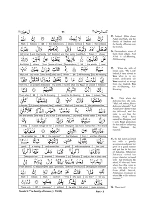 then indeed,Allah(does) not lovethe disbelievers.32Indeed,Allah
choseAdamand Nuh,and (the) family(of) Ibrahimand (the) family(of) Imran
overthe worlds.33Descendents,some of themfromothers.And Allah
(is) All-Hearing,All-Knowing.34When[she] said(the) wife(of) Imran,“My Lord!
Indeed, I[I] vowedto Youwhat(is) inmy womb,dedicated,so acceptfrom me.
Indeed, You,You(are) the All-Hearing,the All-Knowing.35Then when
she delivered her,she said,“My Lord,indeed I[I] (have) delivered [her]a female.”
And Allahknows better[of] whatshe delivered,and is notthe malelike the female.
“And that I[I] (have) named herMaryamand that I[I] seek refuge for herin You
and her offspringfromthe Shaitaanthe rejected.”36So accepted her,
her Lordwith acceptancegood,and reared her -a rearinggood,
and put her in (the) care(of) Zakariya.WheneverenteredZakariya in her
[the] prayer chamberhe foundwith herprovision.He said,“O Maryam!From where
for you(is) this?”She said,“This(is) fromAllah.Indeed,Allah
gives provision(to) whomHe willswithoutmeasure.”37There only,
Part - 3
71 -
Surah 3: The family of Imran (v. 33-38)
33.
34.
35.
You
Your
You
36.
Your
37.
He
38.
Indeed, Allah chose
Adam and Nuh, and the
family of Ibrahim and
the family of Imran over
theworlds.
Descendents, some of
them from others. And
Allah is All-Hearing,
All-Knowing.
When the wife of
Imran said, “My Lord!
Indeed, I have vowed to
what is in my
womb, dedicated (to
service), so accept
from me. Indeed,
are All-Hearing, All-
Knowing.
Then when she
delivered her, she said,
“My Lord, indeed, I have
delivered a female.”And
Allah knows better what
she delivered, and the
male is not like the
female. “And I have
named her Maryam, and
I seek protection
for her and her offspring
from Shaitaan, the
rejected.”
So her Lord accepted
her with a goodly
acceptance and made her
grow in a good manner
and put her in the care
of Zakariya. Whenever
Zakariya visited her
prayer chamber, he found
with her provision. He
asked,“O Maryam! From
where has this come to
you.” She said, “This is
from Allah. Indeed,
Allah gives provision to
whom wills without
measure.”
Thereitself,
 